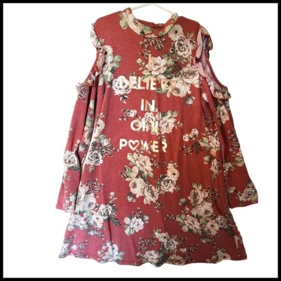 Three Pink Hearts Dress size 12‎ Cold Shoulder Floral Girl Power Kids - Picture 1 of 9